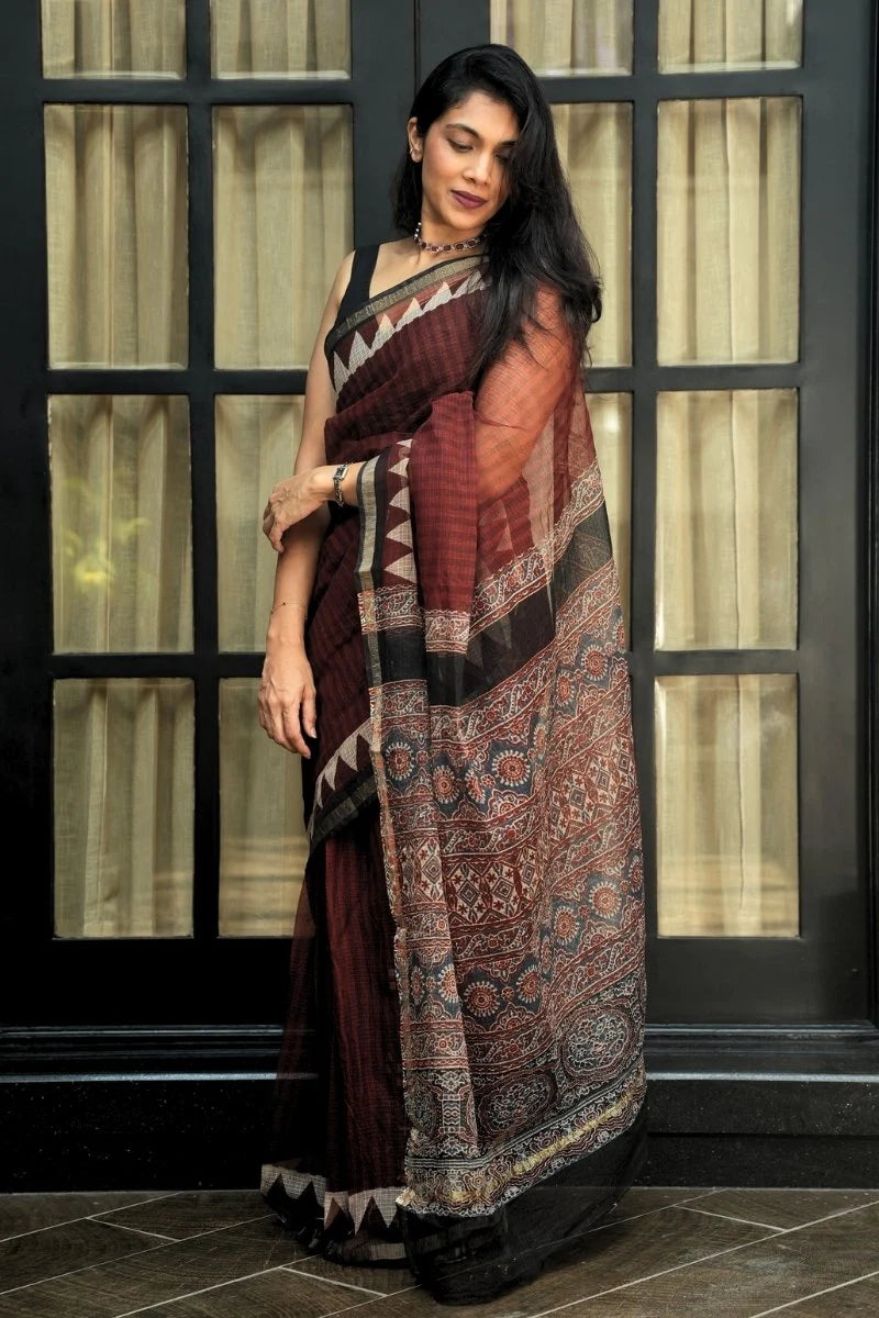 Kota Doria Bagru Printed Saree – Deep Maroon, Black & Rust_1
