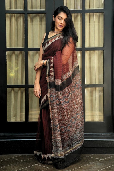 Kota Doria Bagru Printed Saree – Deep Maroon, Black & Rust