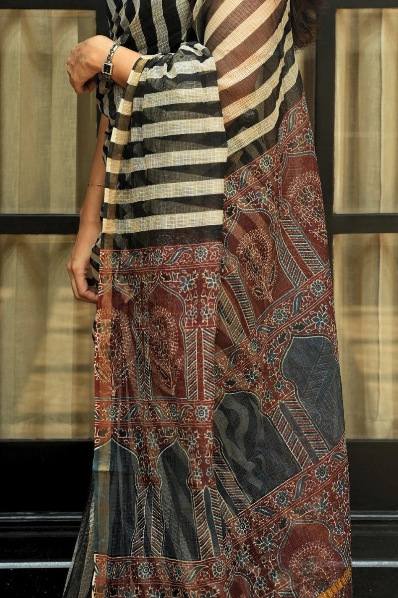 Kota Doria Bagru Printed Saree – Black, Ivory, Rust & Indigo