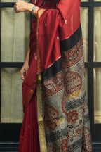 Maheshwari Silk Cotton Tie-Dye Saree - Crimson Red, Grey & Gold with Ajrakh Pallu