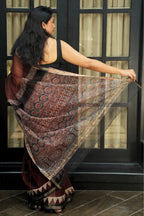 Deep maroon Kota Doria saree with Bagru block print pallu in earthy rust and black — GI-tagged Rajasthan Noolagam_3