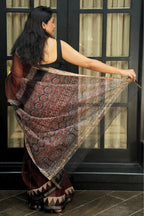 Kota Doria Bagru Printed Saree – Deep Maroon, Black & Rust_3