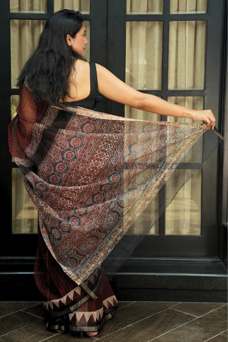 Kota Doria Bagru Printed Saree – Deep Maroon, Black & Rust_3