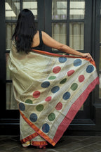Maheshwari Silk Cotton Hand Block Printed Saree - Ivory, Green & Black Stripes