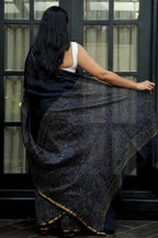 Chanderi Silk Cotton Ajrakh & Bagru Print Saree - Navy Blue, Rust & Ivory_3