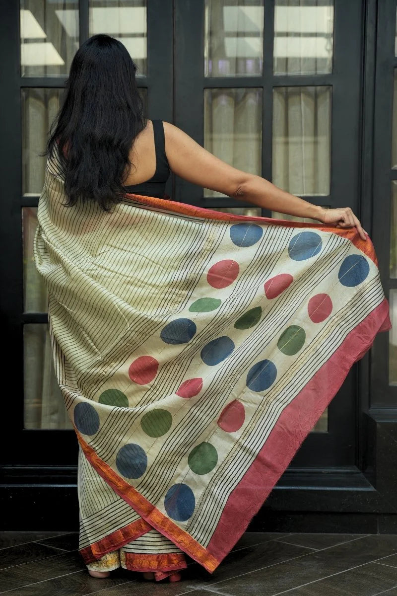 Maheshwari Silk Cotton Hand Block Printed Saree - Ivory, Green & Black Stripes_3
