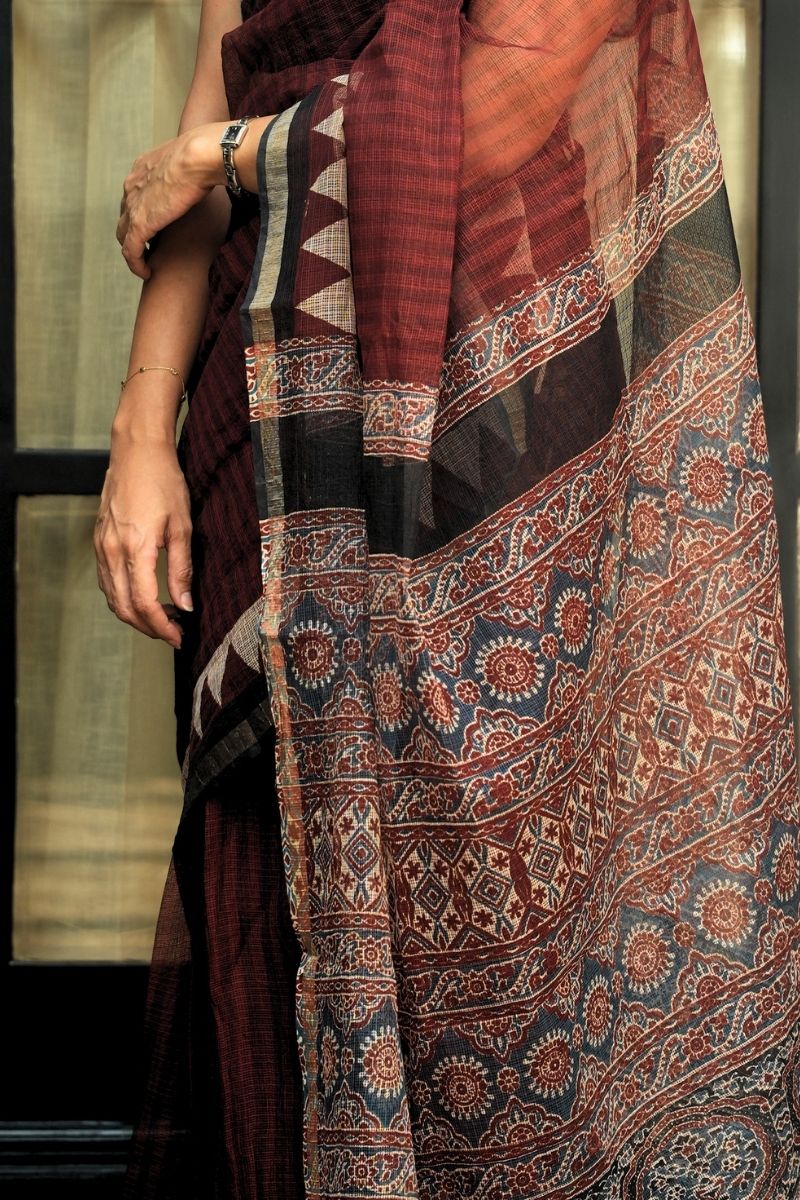 Kota Doria Bagru Printed Saree – Deep Maroon, Black & Rust_2