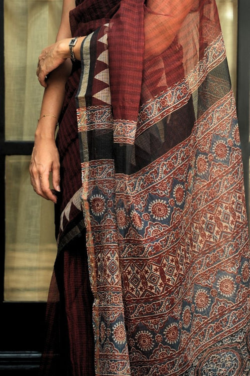 Kota Doria Bagru Printed Saree – Deep Maroon, Black & Rust_2