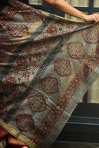 Maheshwari Silk Cotton Tie-Dye Saree - Crimson Red, Grey & Gold with Ajrakh Pallu