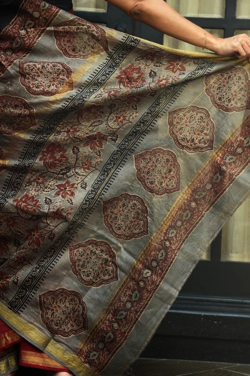 Maheshwari Silk Cotton Tie-Dye Saree - Crimson Red, Grey & Gold with Ajrakh Pallu