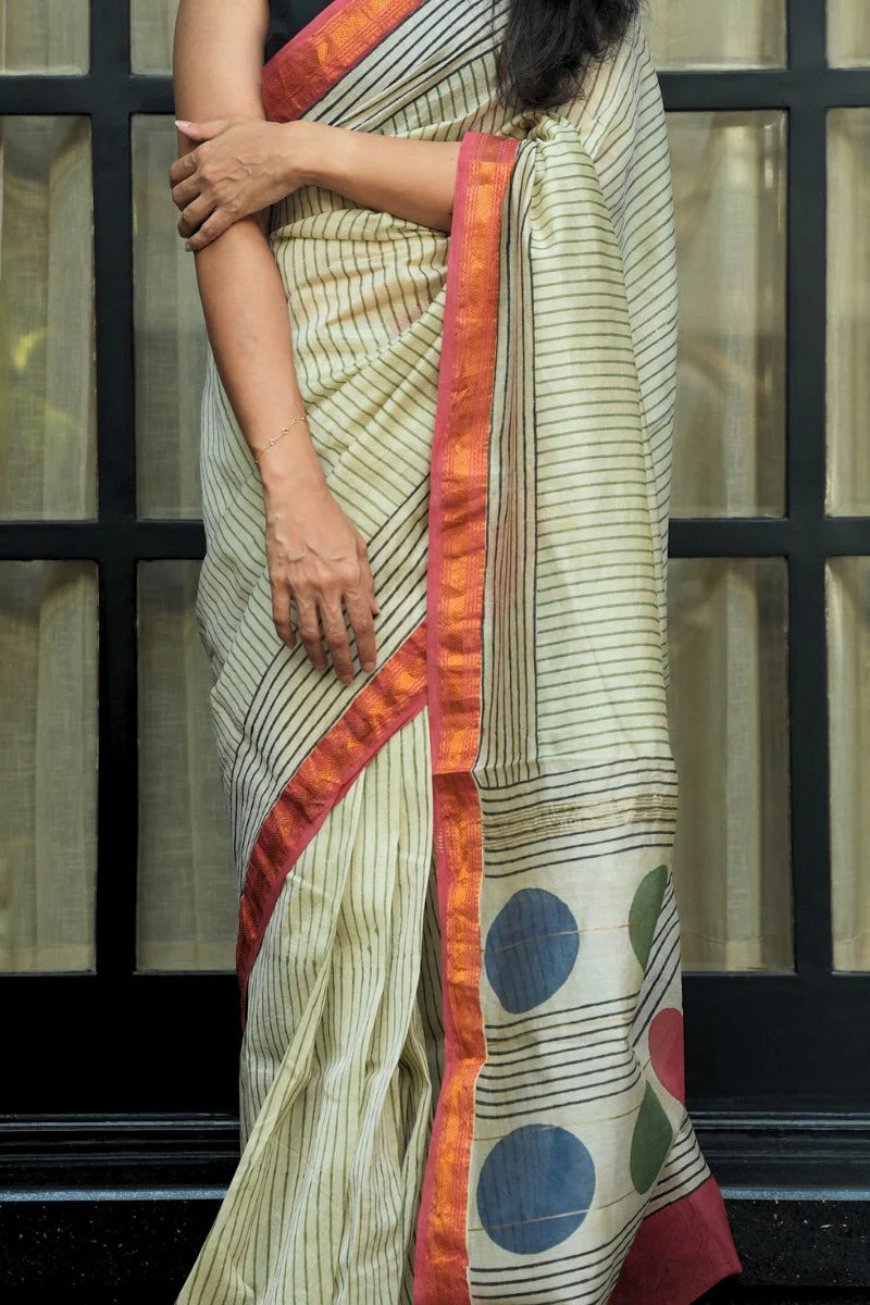 Maheshwari Silk Cotton Hand Block Printed Saree - Ivory, Green & Black Stripes_2