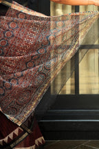 Kota Doria Bagru Printed Saree – Deep Maroon, Black & Rust_4