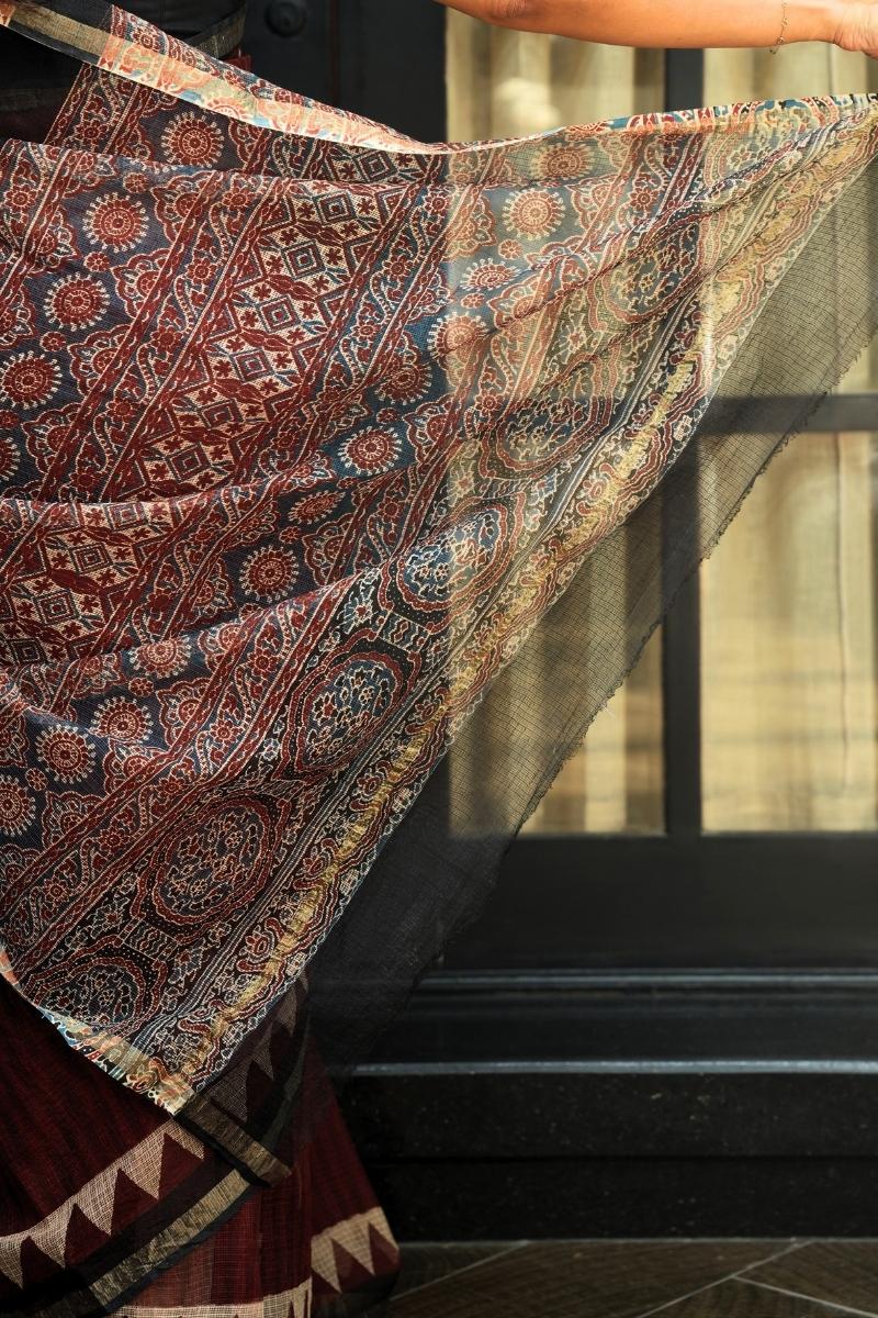 Kota Doria Bagru Printed Saree – Deep Maroon, Black & Rust_4