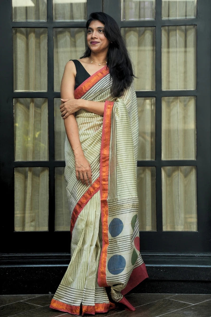 Maheshwari Silk Cotton Hand Block Printed Saree - Ivory, Green & Black Stripes_1