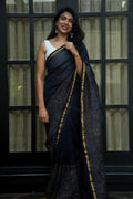 Chanderi Silk Cotton Ajrakh & Bagru Print Saree - Navy Blue, Rust & Ivory_1