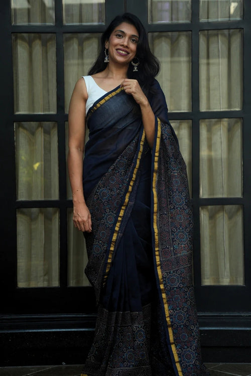 Chanderi Silk Cotton Ajrakh & Bagru Print Saree - Navy Blue, Rust & Ivory_1