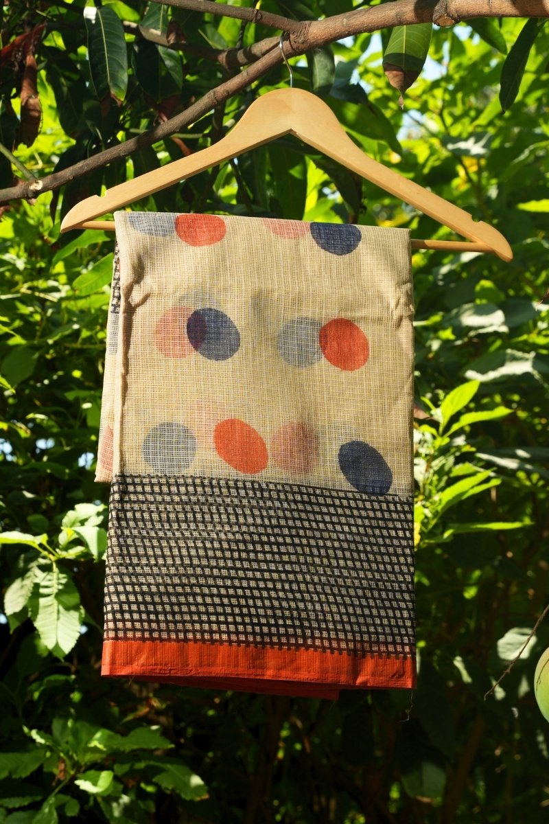 Black Kota Doria saree with Bagru block print motifs in ivory rust and indigo — handwoven GI-tagged Rajasthan Noolagam_3