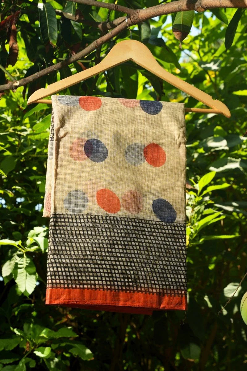 Kota Doriya Bagru Hand Block Printed Saree - Ivory, Rust & Indigo_5