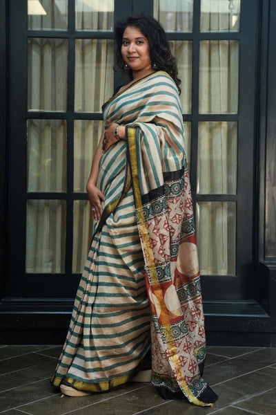 Maheshwari Silk Cotton Saree - Ivory, Teal, Rust & Gold with Printed Pallu