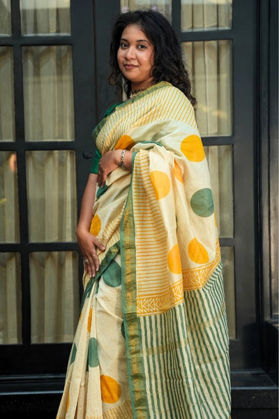 Maheshwari Silk Cotton Hand Block Printed Saree - Ivory, Mustard Yellow, Sage Green & Gold