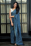 Chanderi Cotton Saree - Indigo Blue & Ivory Checks