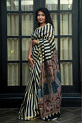 Maheshwari Silk Cotton Bagru Printed Saree - Black, Ivory, Rust & Indigo_1