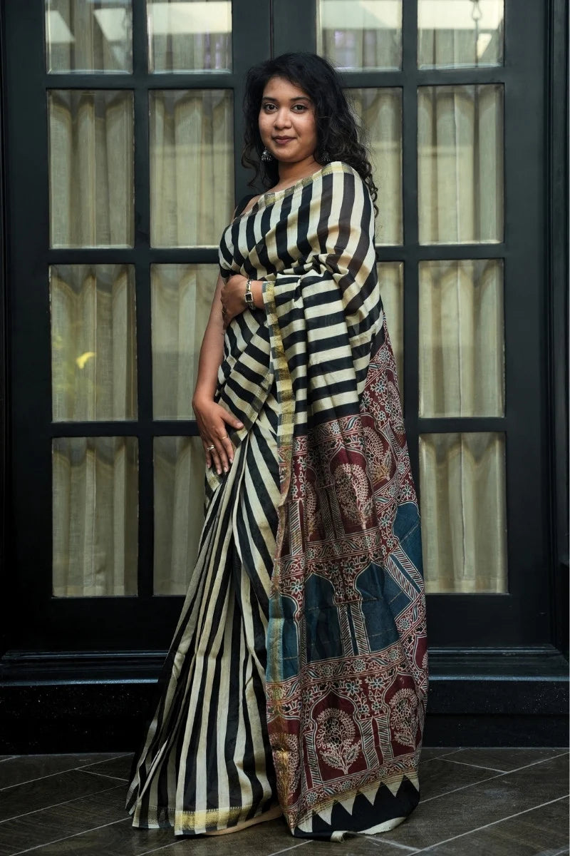 Maheshwari Silk Cotton Bagru Printed Saree - Black, Ivory, Rust & Indigo_1