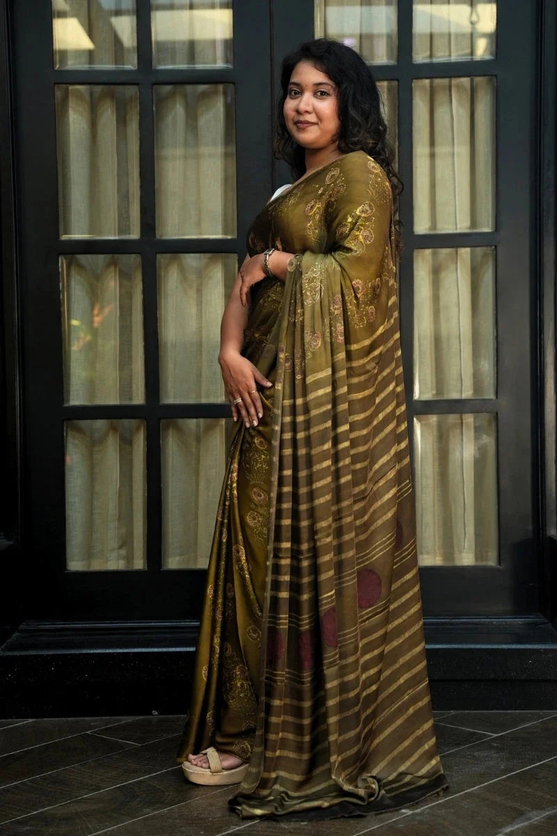 Pure Modal Silk Saree -  Olive Brown, Maroon & Gold | Natural Dye Ajrakh Vanaspati Print_1