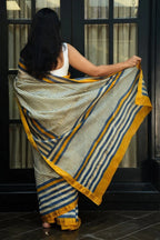 Maheshwari Silk Cotton Hand Block Printed Saree - Ivory, Indigo & Mustard Gold_3