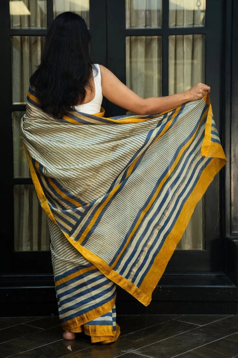 Maheshwari Silk Cotton Hand Block Printed Saree - Ivory, Indigo & Mustard Gold_3