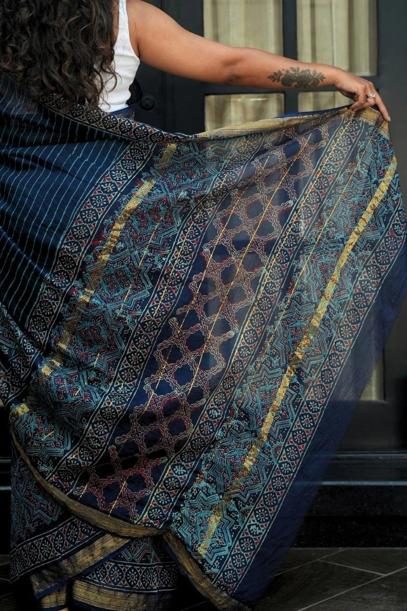 Chanderi Cotton Saree - Indigo & Gold with Bagru Print