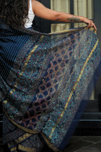 Chanderi Cotton Saree - Indigo & Gold with Bagru Print