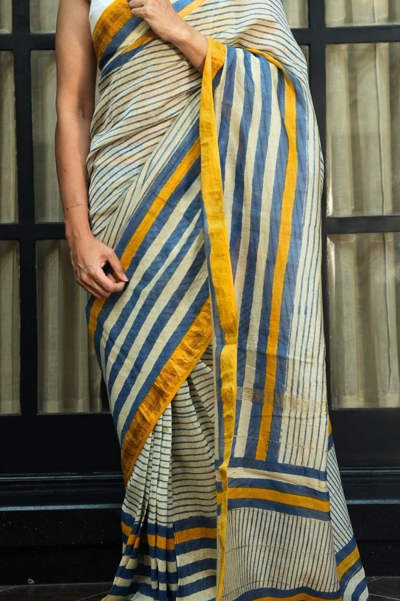 Maheshwari Silk Cotton Hand Block Printed Saree - Ivory, Indigo & Mustard Gold_2