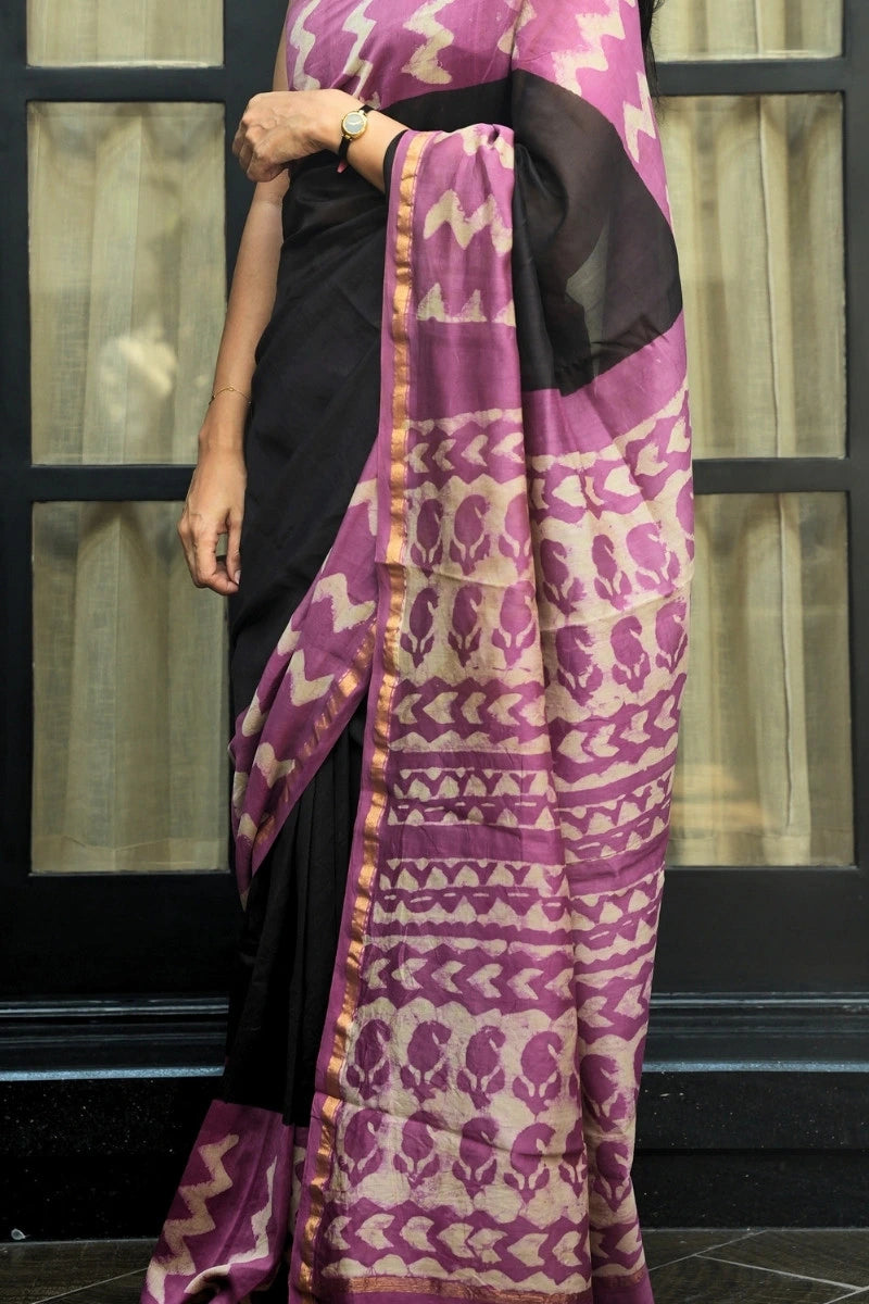Chanderi Cotton Saree - Black, Rose Pink & Gold with Dabu Hand-Block Print Pallu