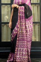 Chanderi Cotton Saree - Black, Rose Pink & Gold with Dabu Hand-Block Print Pallu