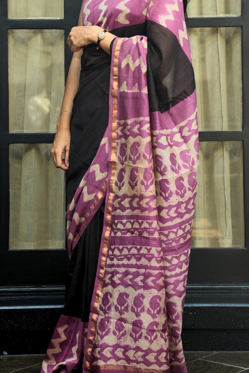 Chanderi Cotton Saree - Black, Rose Pink & Gold with Dabu Hand-Block Print Pallu