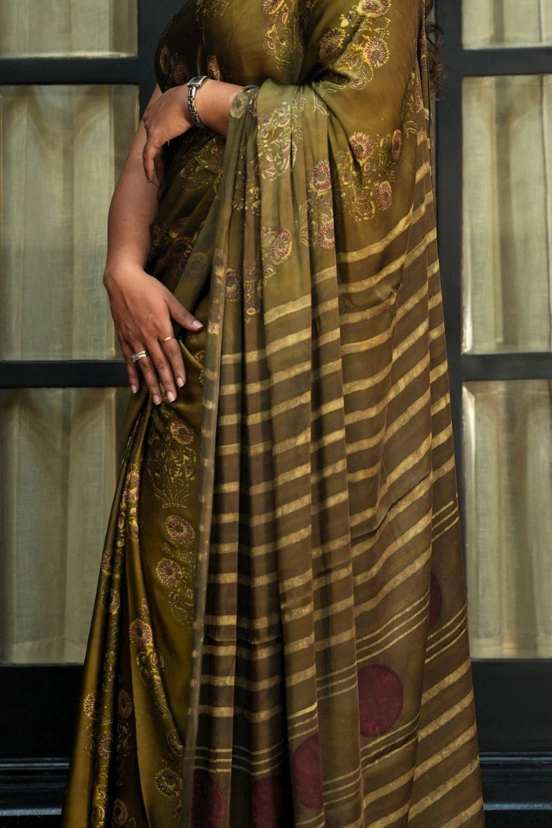 Pure Modal Silk Saree -  Olive Brown, Maroon & Gold | Natural Dye Ajrakh Vanaspati Print_2