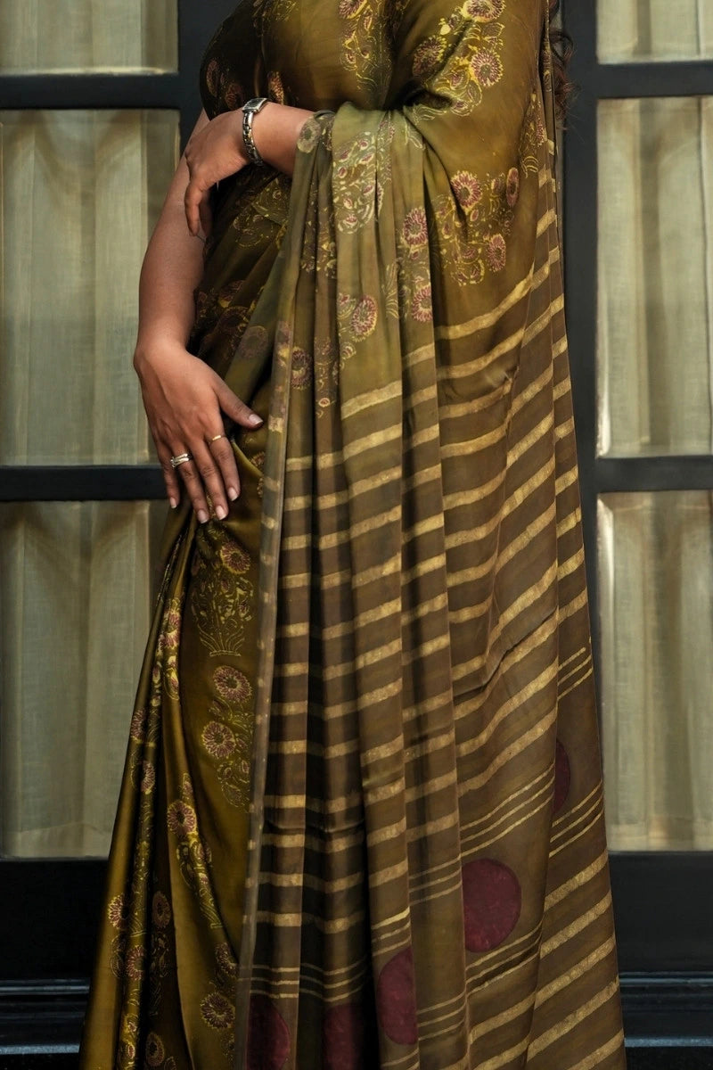Pure Modal Silk Saree -  Olive Brown, Maroon & Gold | Natural Dye Ajrakh Vanaspati Print
