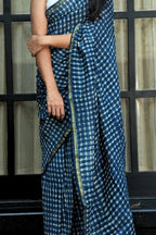 Chanderi Cotton Saree - Indigo Blue & Ivory Checks