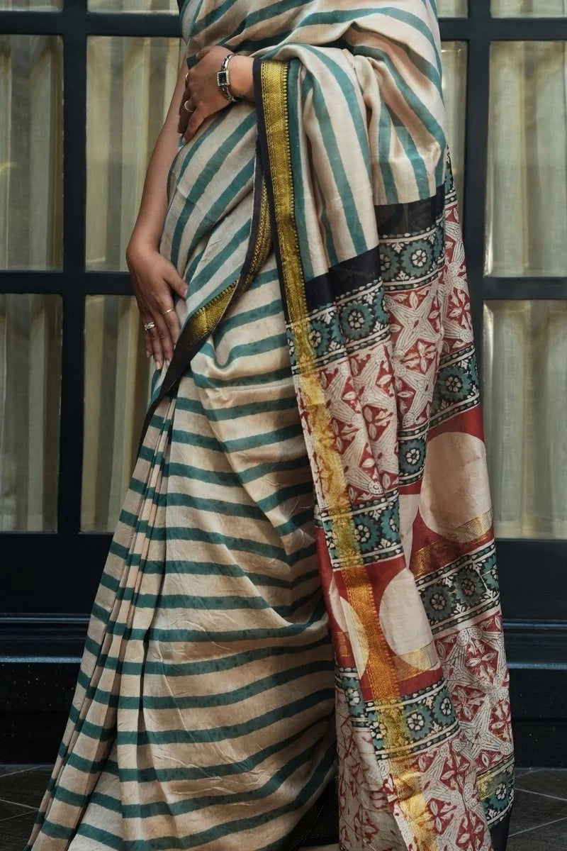 Maheshwari Silk Cotton Saree - Ivory, Teal, Rust & Gold with Printed Pallu