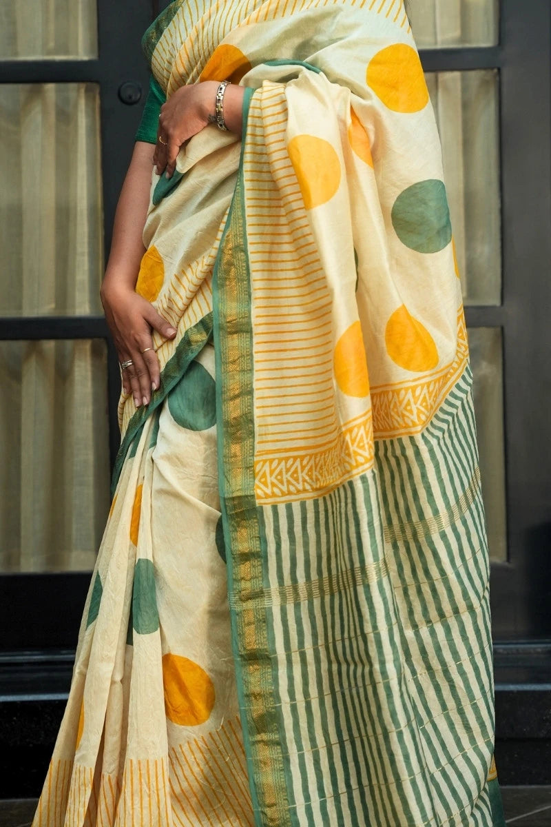Maheshwari Silk Cotton Hand Block Printed Saree - Ivory, Mustard Yellow, Sage Green & Gold