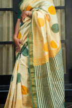 Maheshwari Silk Cotton Hand Block Printed Saree - Ivory, Mustard Yellow, Sage Green & Gold