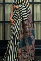 Maheshwari Silk Cotton Bagru Printed Saree - Black, Ivory, Rust & Indigo_2