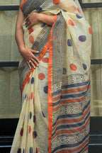 Black Kota Doria saree with Bagru block print motifs in ivory rust and indigo — handwoven GI-tagged Rajasthan Noolagam_2