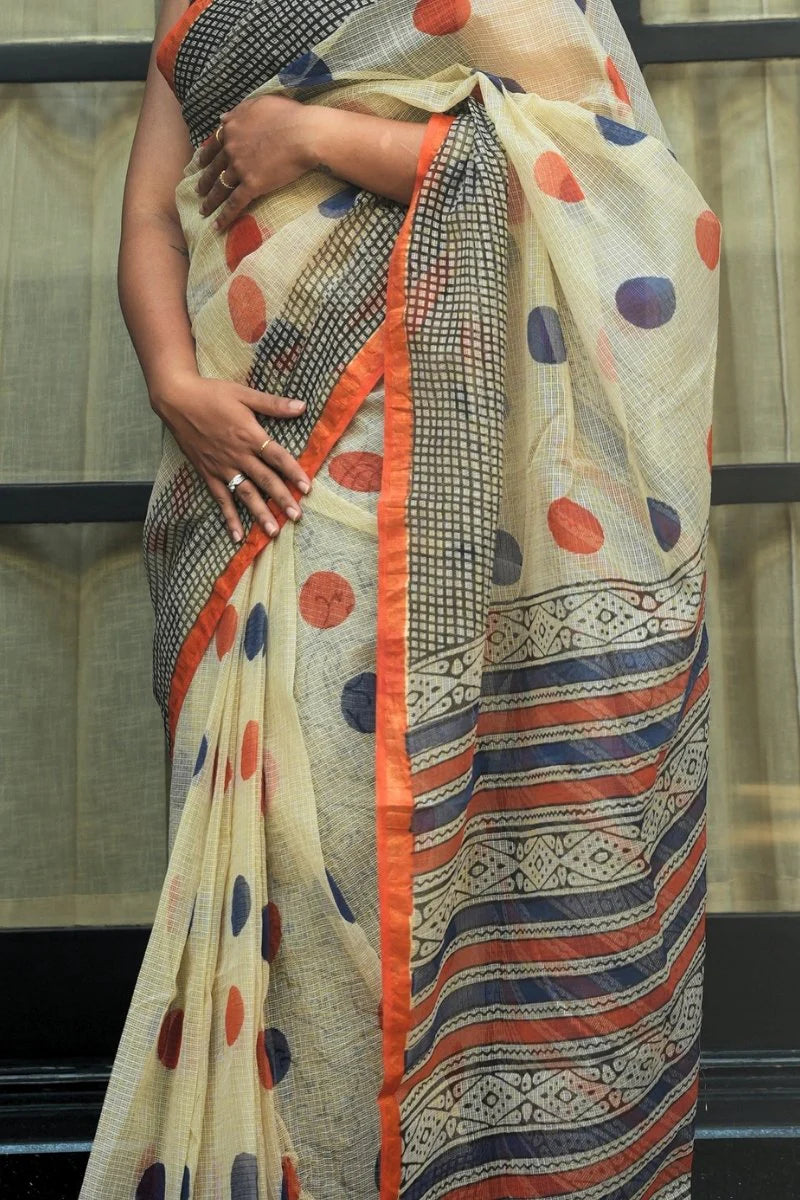 Kota Doriya Bagru Hand Block Printed Saree - Ivory, Rust & Indigo_2