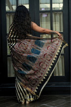 Black Maheshwari silk cotton saree with Bagru block print pallu in rust and indigo Noolagam_4