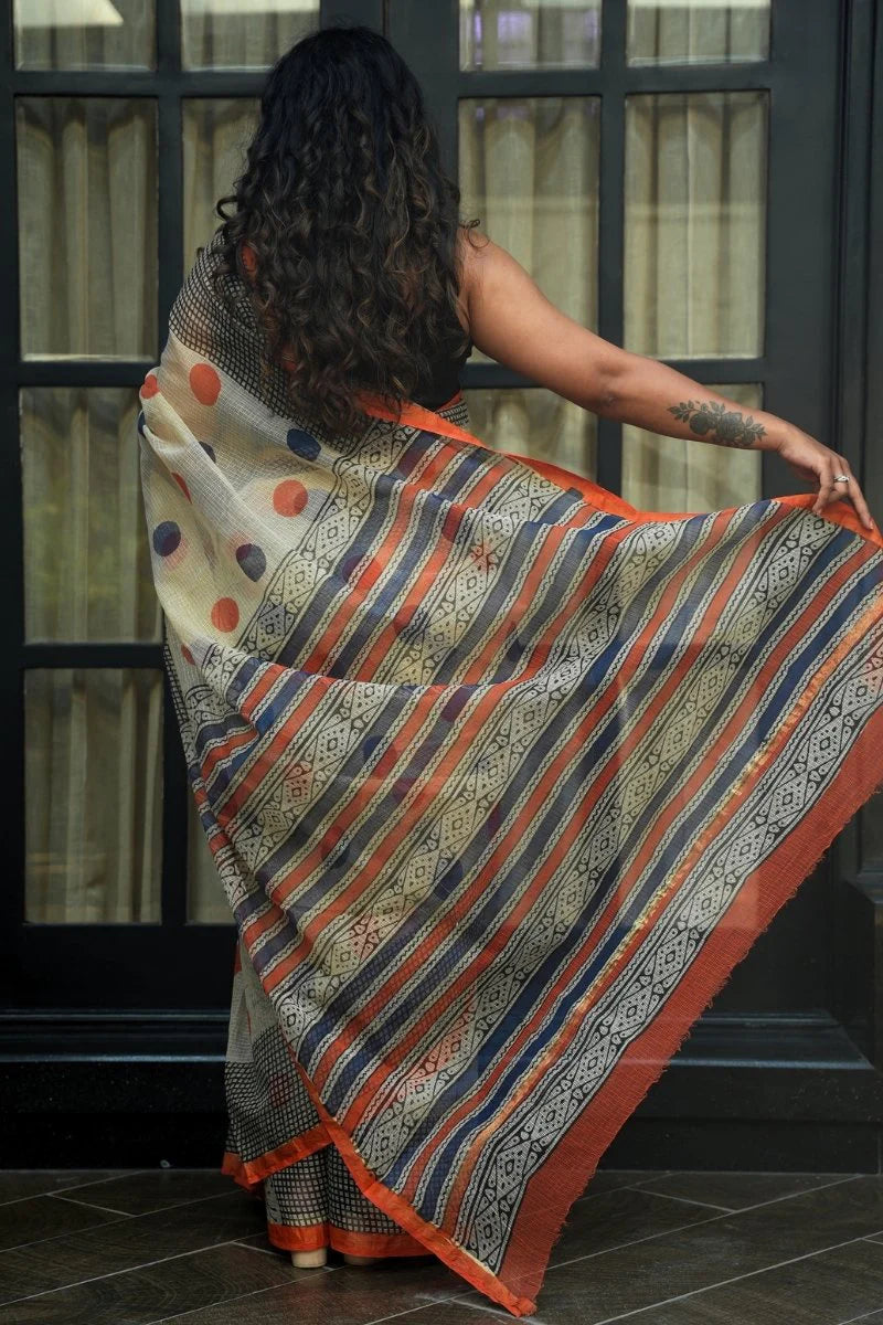 Kota Doriya Bagru Hand Block Printed Saree - Ivory, Rust & Indigo_3