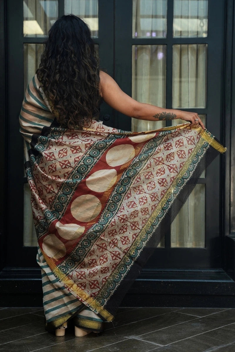 Maheshwari Silk Cotton Saree - Ivory, Teal, Rust & Gold with Printed Pallu