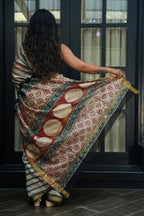 Maheshwari Silk Cotton Saree - Ivory, Teal, Rust & Gold with Printed Pallu