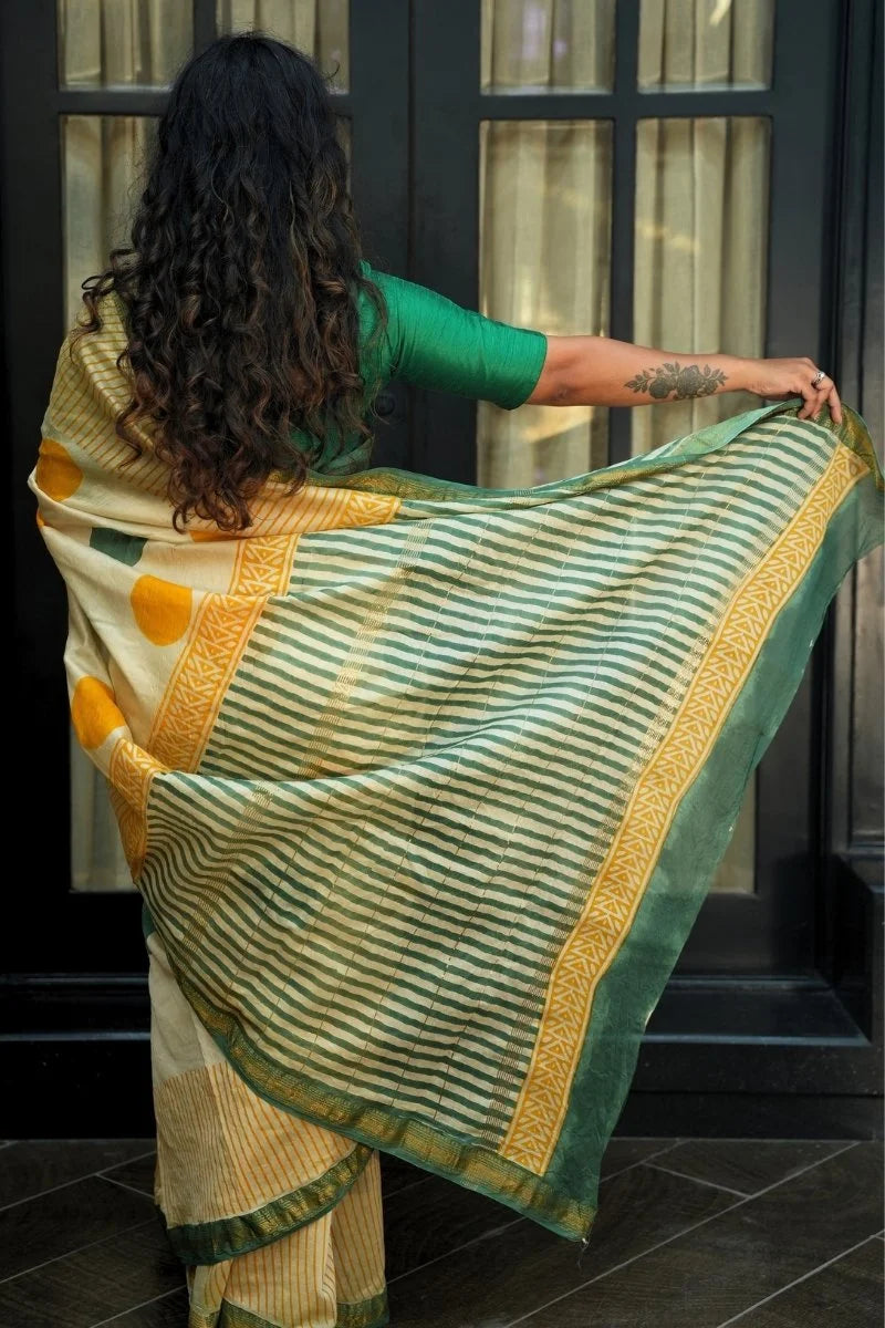 Maheshwari Silk Cotton Hand Block Printed Saree - Ivory, Mustard Yellow, Sage Green & Gold